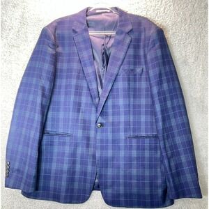 KUDMOL Mens Blue Plaid Blazer XL Windowpane Stretch Sport Coat Factory Tacked